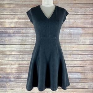 Rebecca Taylor Black Textured Fit & Flare V Neck Short Cap Sleeve Mini Dress 4
